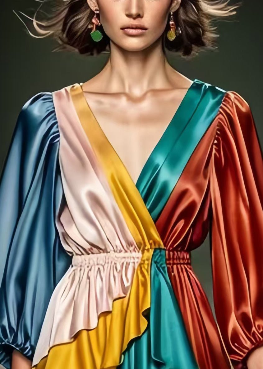 DIY Colorblock Elastic WaistPatchwork Silk Long Dress Bracelet Sleeve