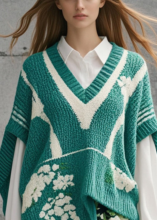 DIY Green Asymmetrical Jacquard Knitted Tops Short Sleeve