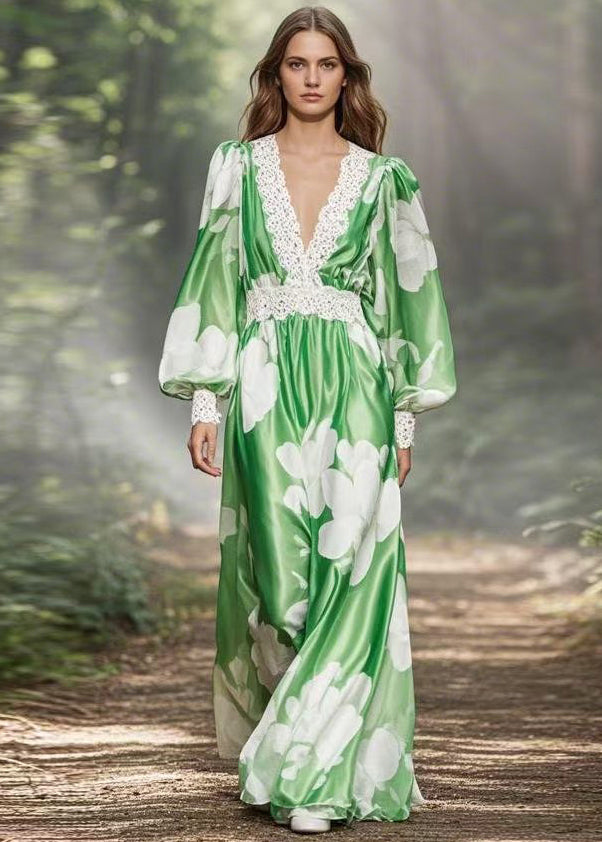 DIY Green V Neck Print Patchwork Silk Robe Dresses Lantern Sleeve