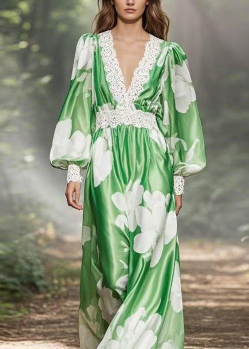 DIY Green V Neck Print Patchwork Silk Robe Dresses Lantern Sleeve