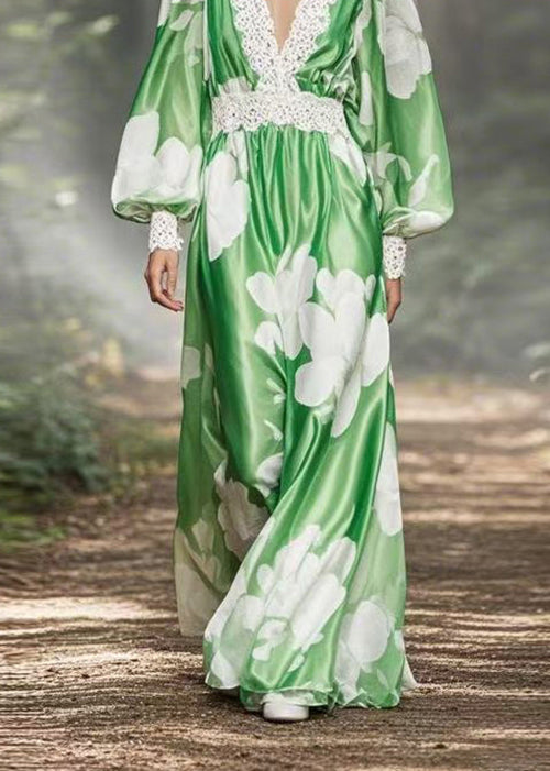 DIY Green V Neck Print Patchwork Silk Robe Dresses Lantern Sleeve