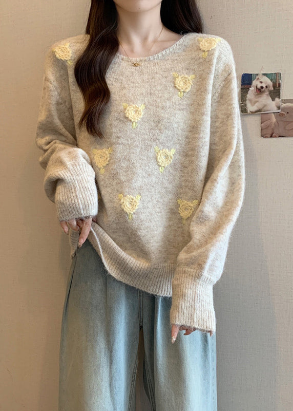 DIY Grey Blue O Neck Floral Cozy Knit Sweater Winter