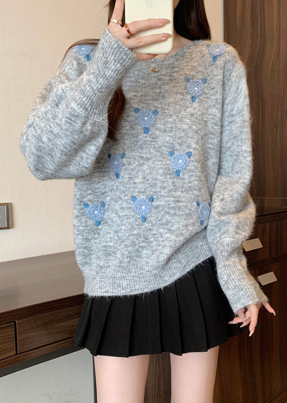 DIY Grey Blue O Neck Floral Cozy Knit Sweater Winter