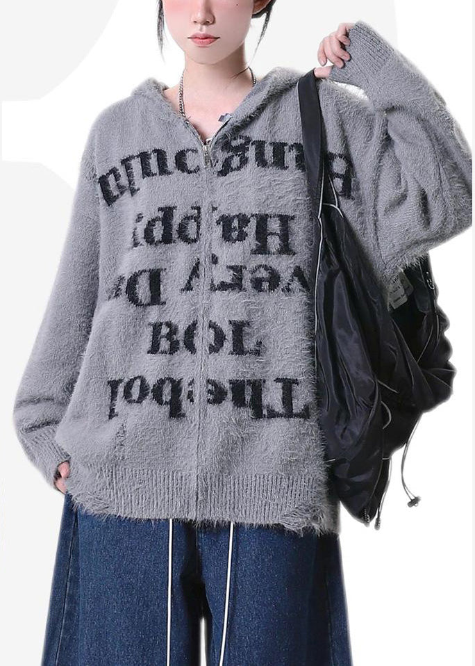 DIY Grey Oversized Letter Print Knit Hoodie Coat Spring