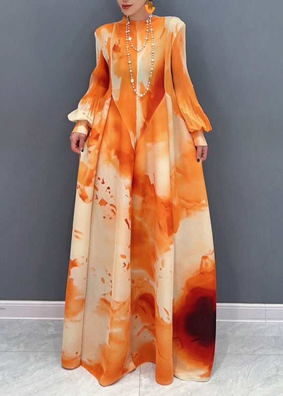 DIY Orange Turtleneck Print Patchwork Vacation Long Dresses Lantern Sleeve