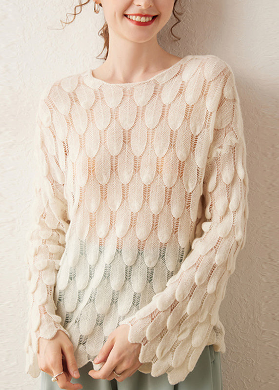 DIY Pink O-Neck Hollow Out Feather Knit Sweater Spring