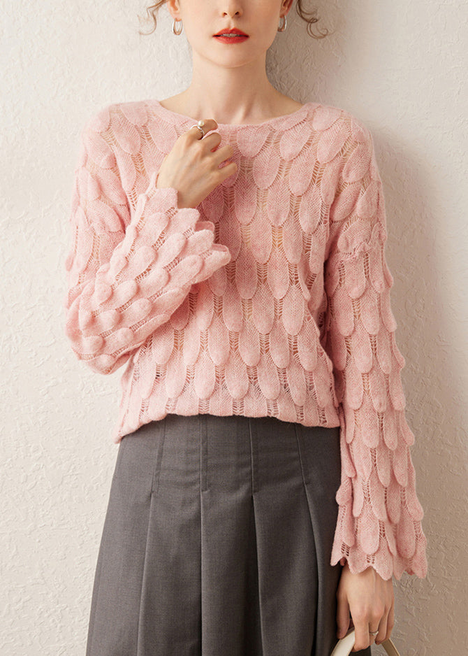 DIY Pink O-Neck Hollow Out Feather Knit Sweater Spring