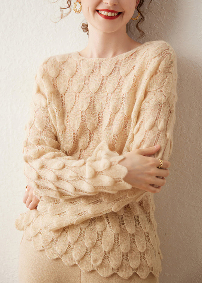 DIY Pink O-Neck Hollow Out Feather Knit Sweater Spring