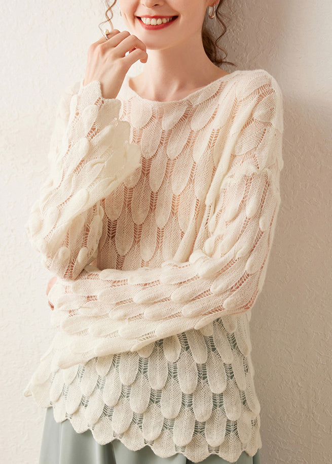 DIY Pink O-Neck Hollow Out Feather Knit Sweater Spring