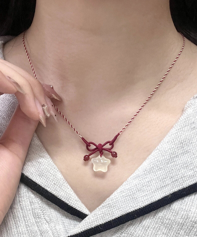 DIY Red Hand Woven Bow Star Pendant Necklace