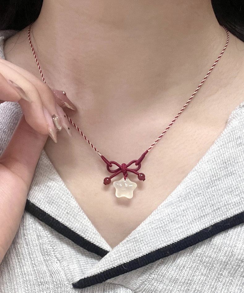 DIY Red Hand Woven Bow Star Pendant Necklace