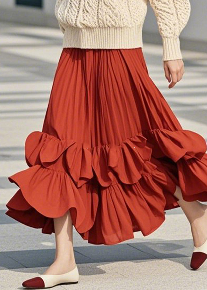 DIY Red Ruffled Patchwork A Line Skirts Spring