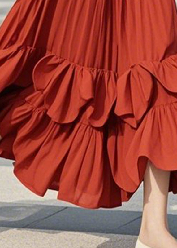 DIY Red Ruffled Patchwork A Line Skirts Spring