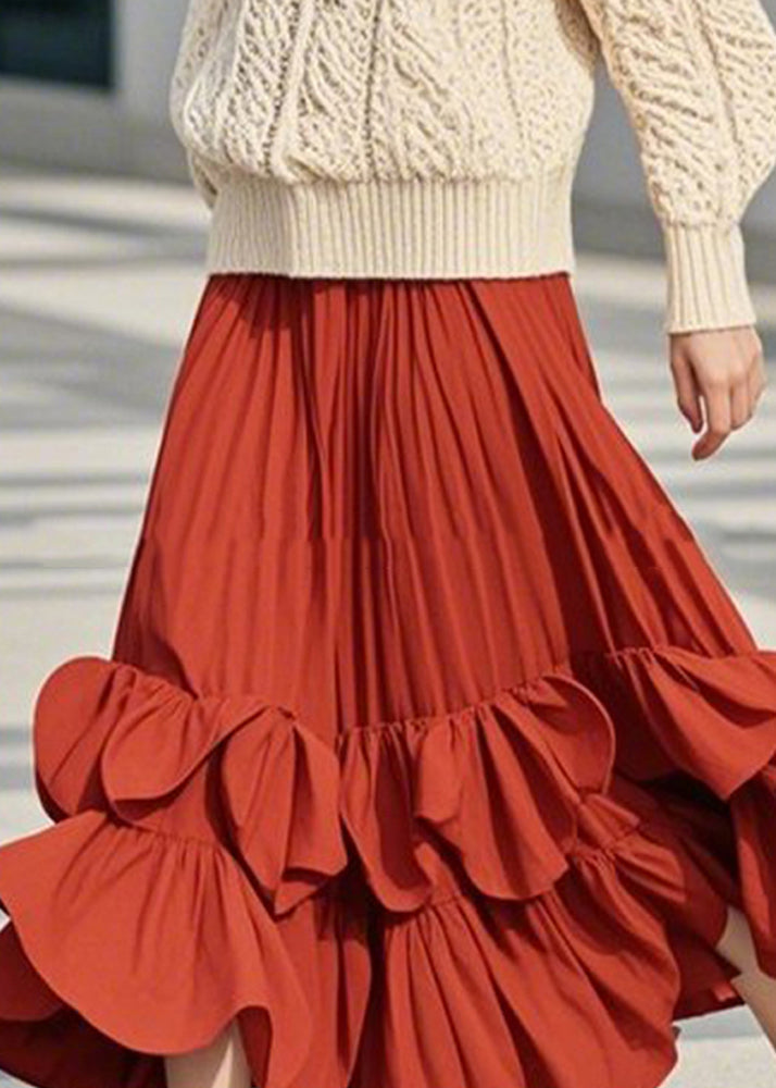 DIY Red Ruffled Patchwork A Line Skirts Spring