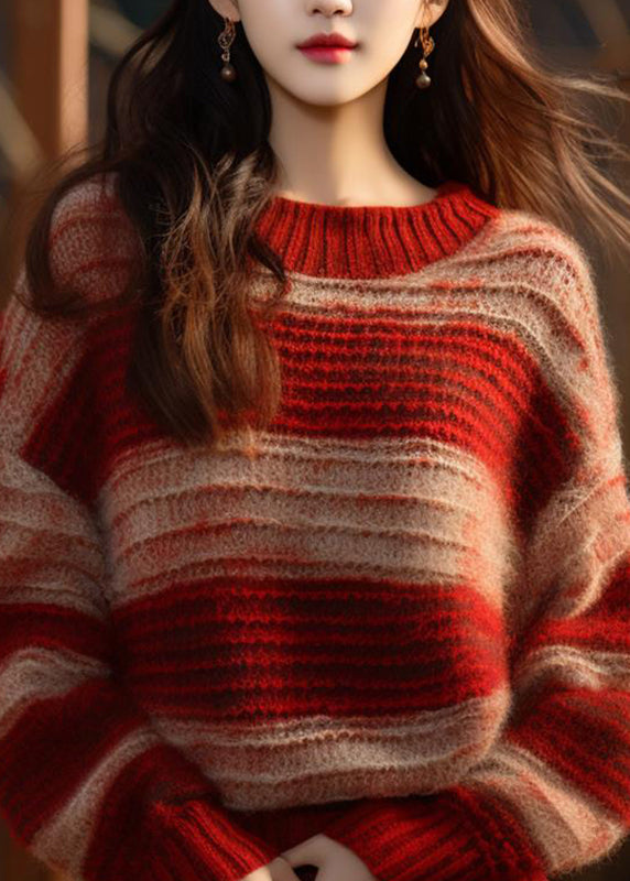 DIY Red Stand Collar Striped Patchwork Cotton Knit Sweater Fall