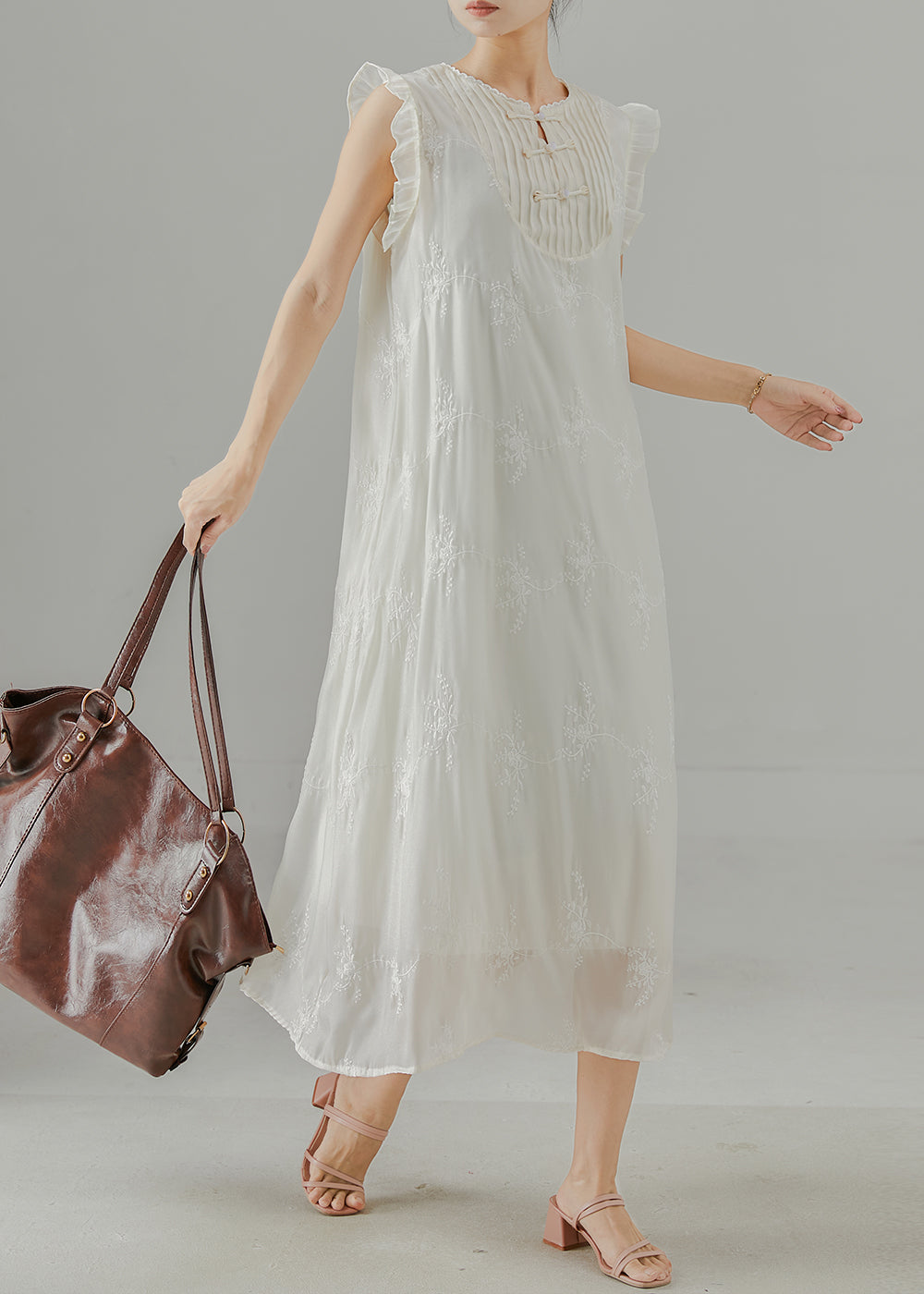 DIY White Embroidered Chinese Button Chiffon Dress Sleeveless