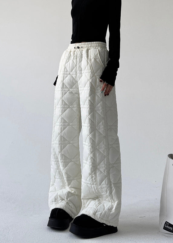 DIY White Plaid Fine Cotton Filled Straight Pants Spring