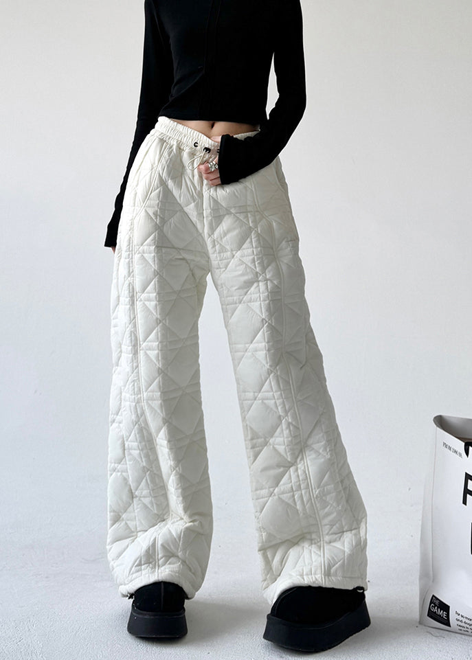 DIY White Plaid Fine Cotton Filled Straight Pants Spring