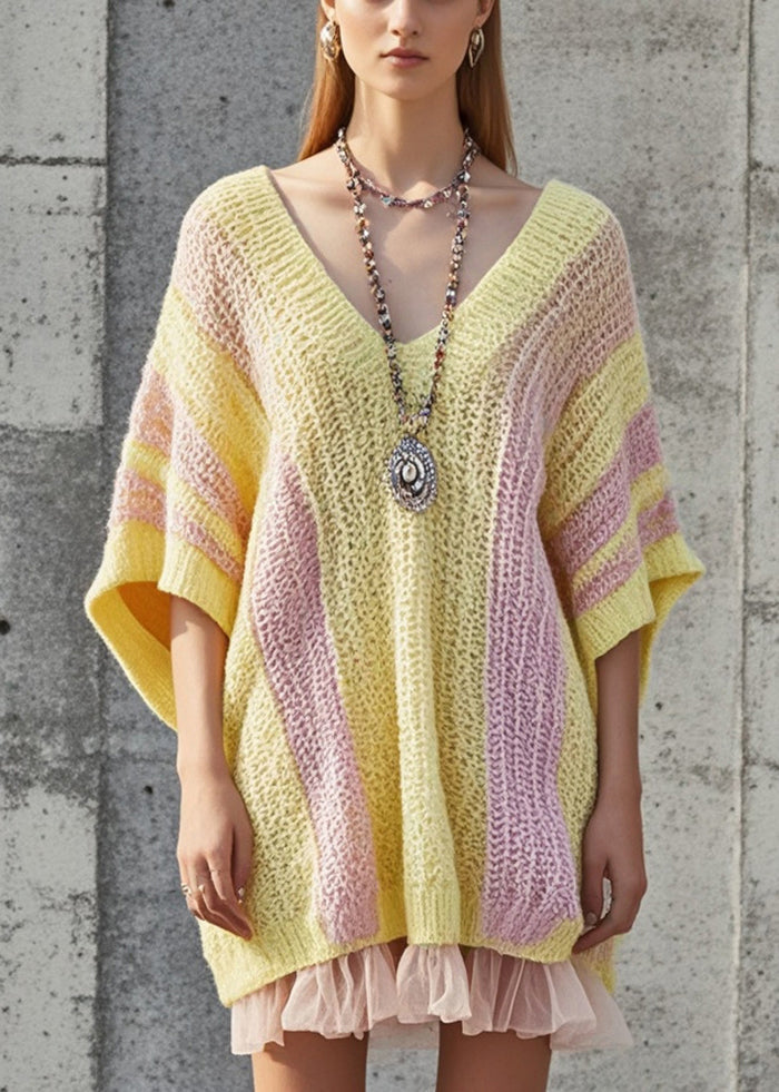 DIY Yellow Oversized Patchwork Tulle Knit Dress Batwing Sleeve