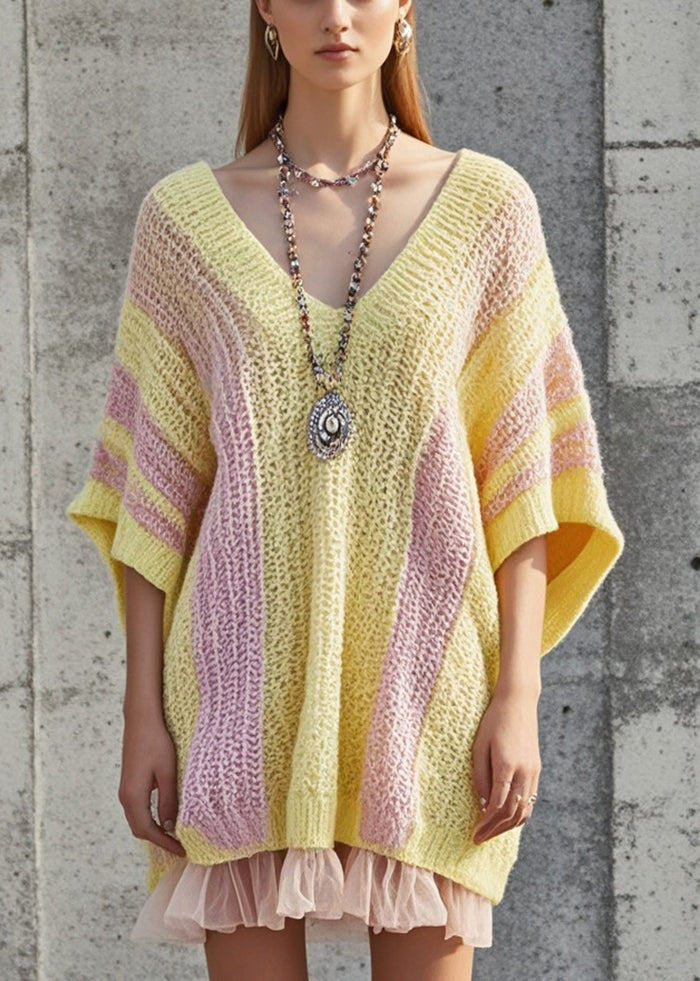 DIY Yellow Oversized Patchwork Tulle Knit Dress Batwing Sleeve