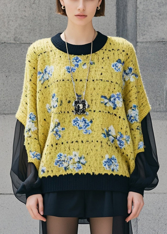 DIY Yellow Print Patchwork Knit Loose Sweaters Fall