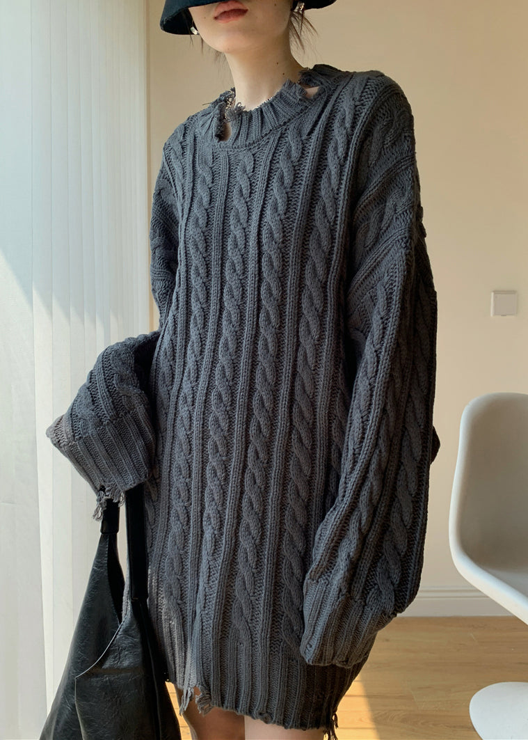 Dark Grey Cozy Knit Sweater Hole Winter