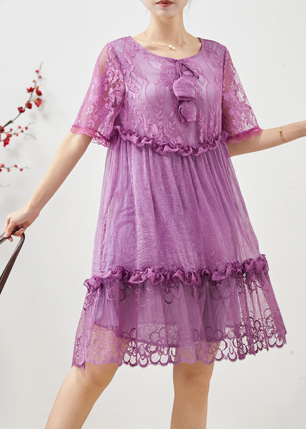 Diy Purple Ruffled Patchwork Lace Vacation Dress Summer