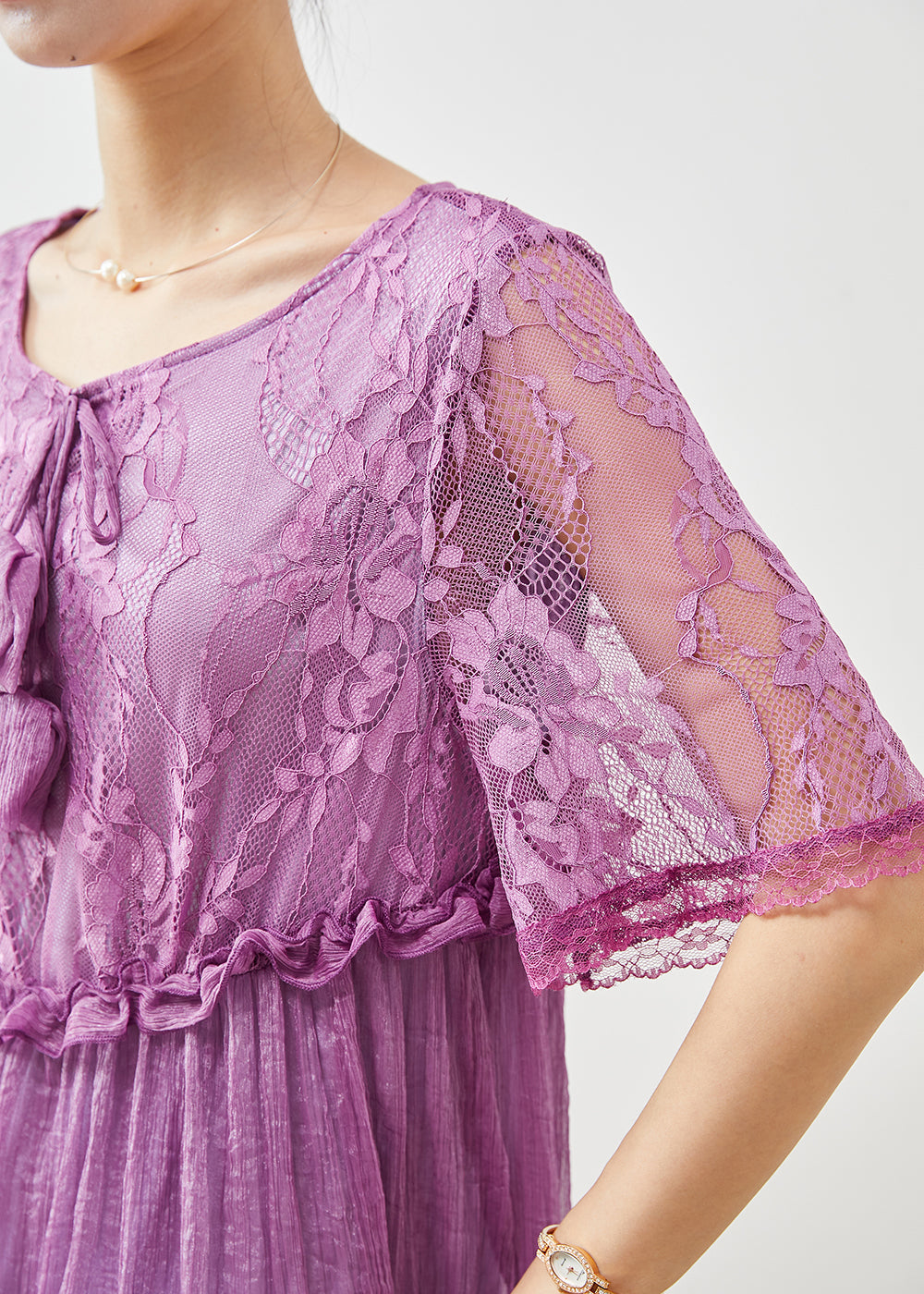 Diy Purple Ruffled Patchwork Lace Vacation Dress Summer