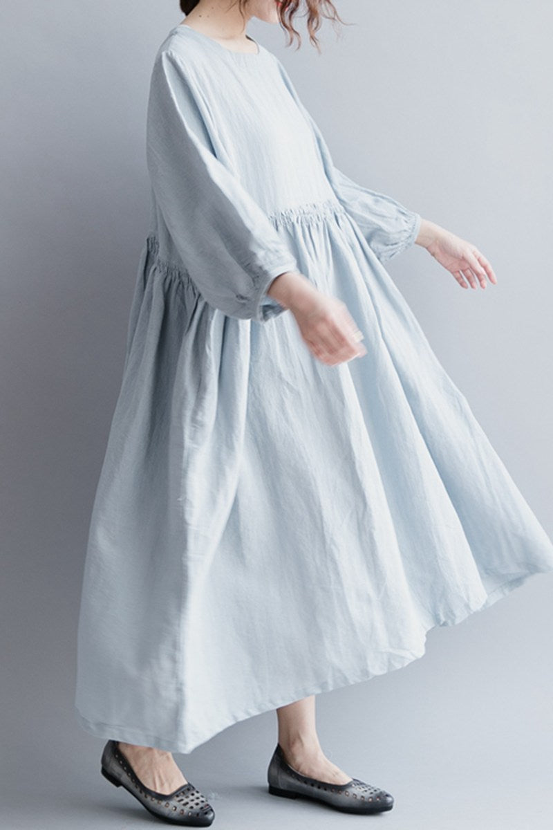 Light Blue Women Long Dresses Cotton Linen Loose Lady Dress