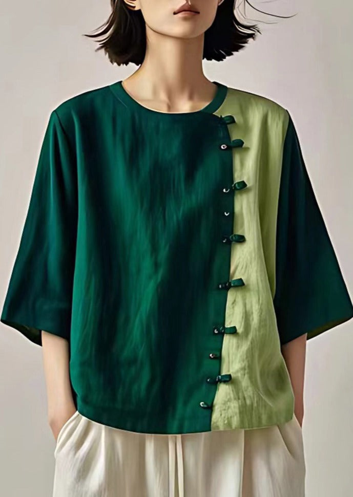 Dull Green Patchwork Linen Blouse Top Chinese Button Summer