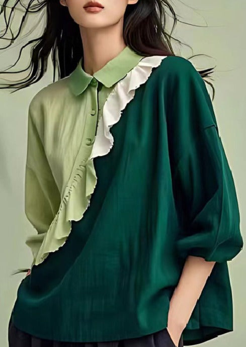 Dull Green Patchwork Linen Shirts Ruffled Spring