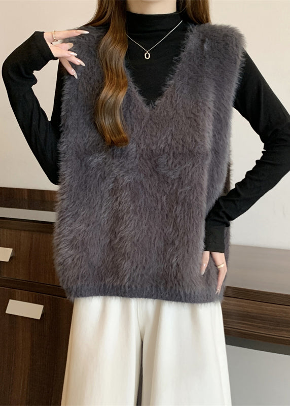 Dull Grey Thick Faux Fur Vest Tops V Neck Fall