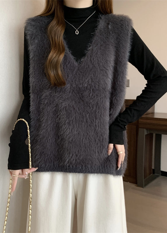 Dull Grey Thick Faux Fur Vest Tops V Neck Fall