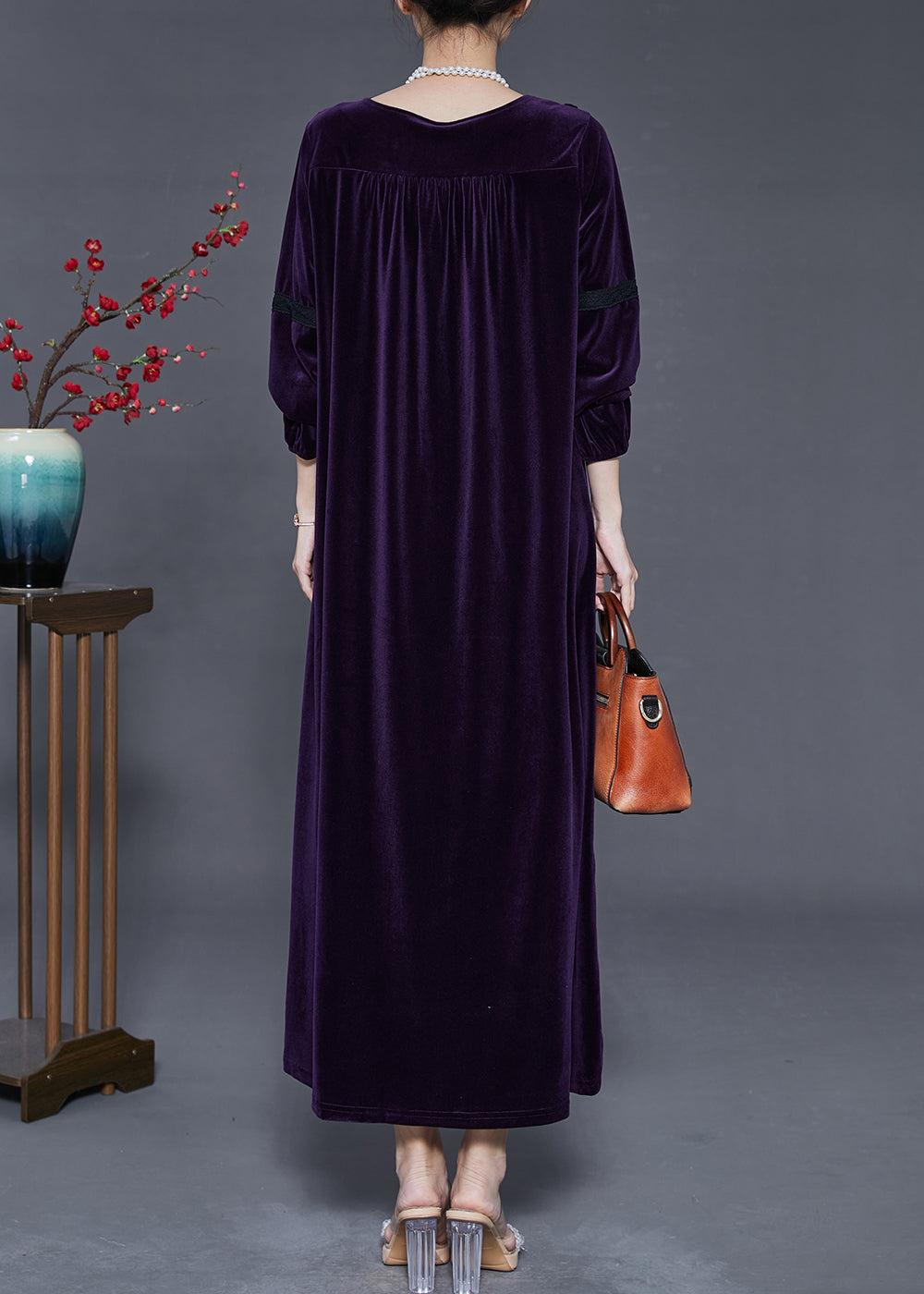 Dull Purple Patchwork Silk Velvet Long Dress Oversized Fall