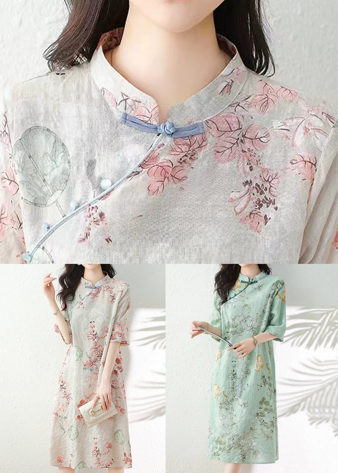 Elegant Apricot Button Print Linen Dress Half Sleeve