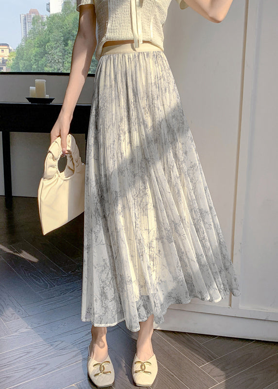 Elegant Apricot Print Elastic Waist Chiffon Skirts Summer