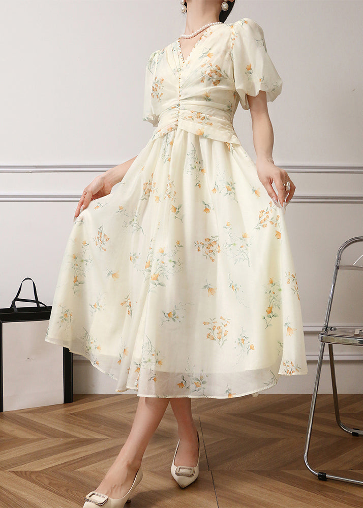 Elegant Apricot Print High Waist Chiffon Dress Summer