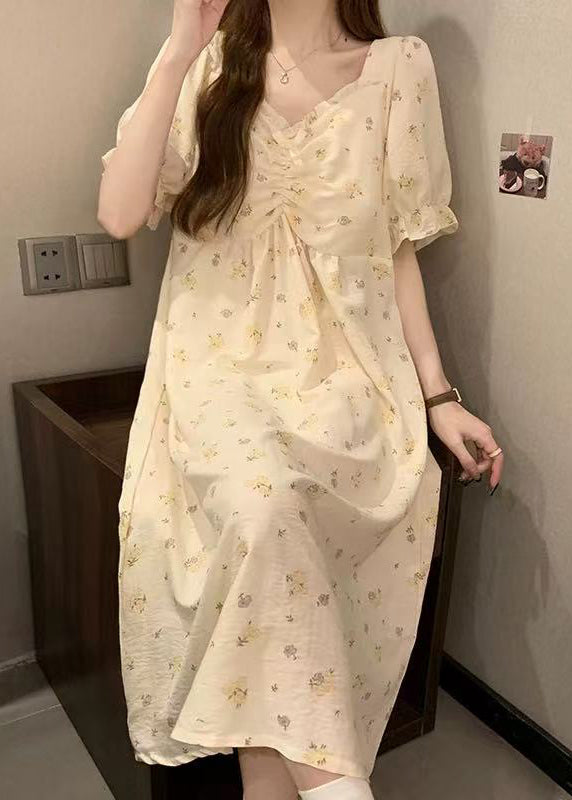 Elegant Apricot Print Ruffled Cotton Pajamas Dress V Neck Summer