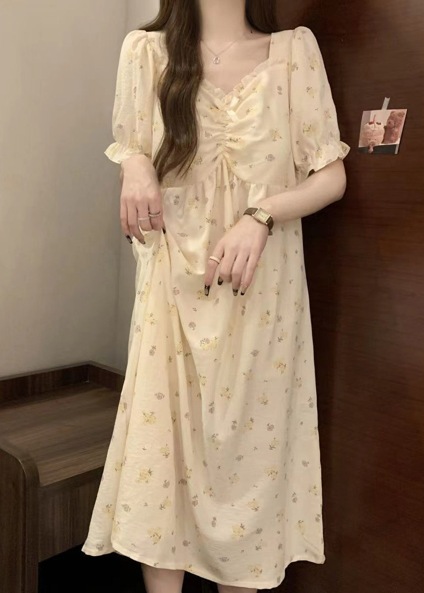 Elegant Apricot Print Ruffled Cotton Pajamas Dress V Neck Summer