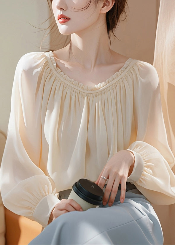 Elegant Apricot Ruffled Solid Chiffon Shirt Spring