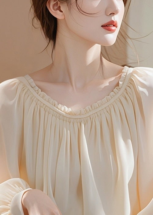 Elegant Apricot Ruffled Solid Chiffon Shirt Spring