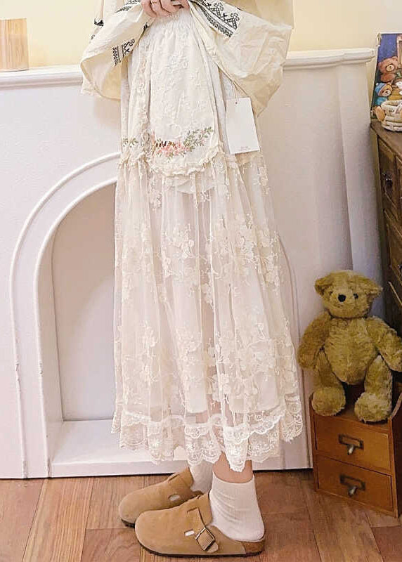 Elegant Beige Embroidered Elastic Waist Patchwork Tulle Skirt Spring