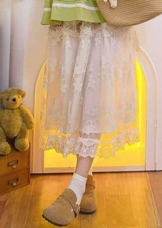 Elegant Beige Embroidered Elastic Waist Patchwork Tulle Skirt Spring