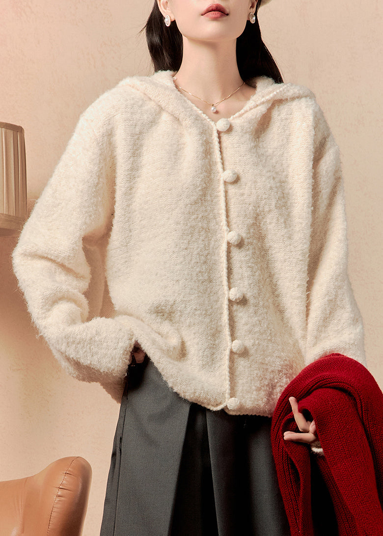 Elegant Beige Hooded Button Solid Knit Coats Winter