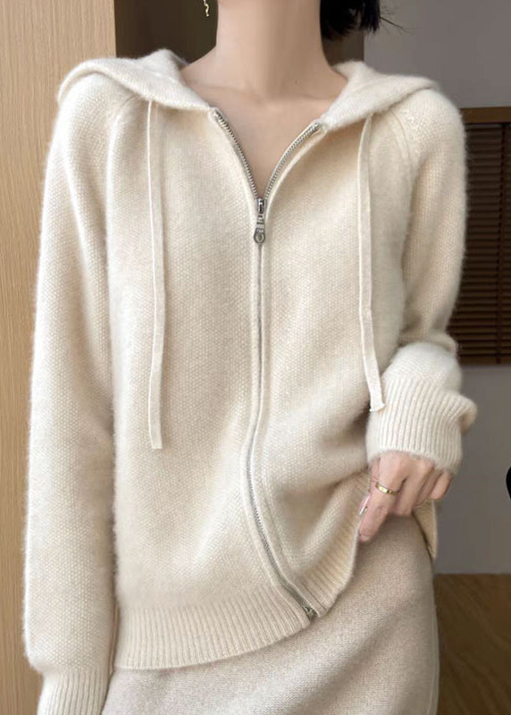 Elegant Beige Hooded Zippered Solid Cotton Knit Coat Fall