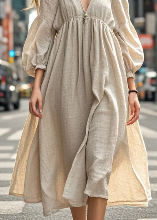 Elegant Beige Oversized Cotton Long Dresses Fall