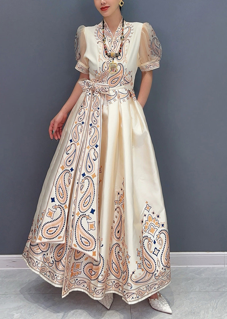 Elegant Beige Print Pockets Silk Long Dress Summer