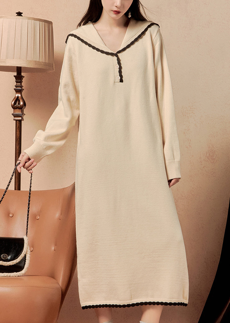 Elegant Beige Sailor Collar Button Knit Dress Winter