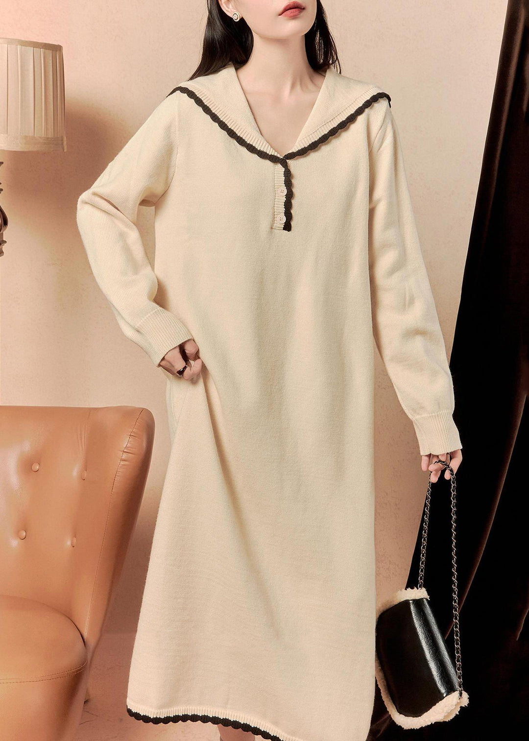 Elegant Beige Sailor Collar Button Knit Dress Winter