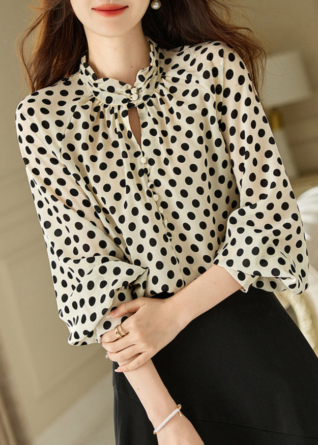 Elegant Beige Stand Collar Dot Print Chiffon Shirts Long Sleeve